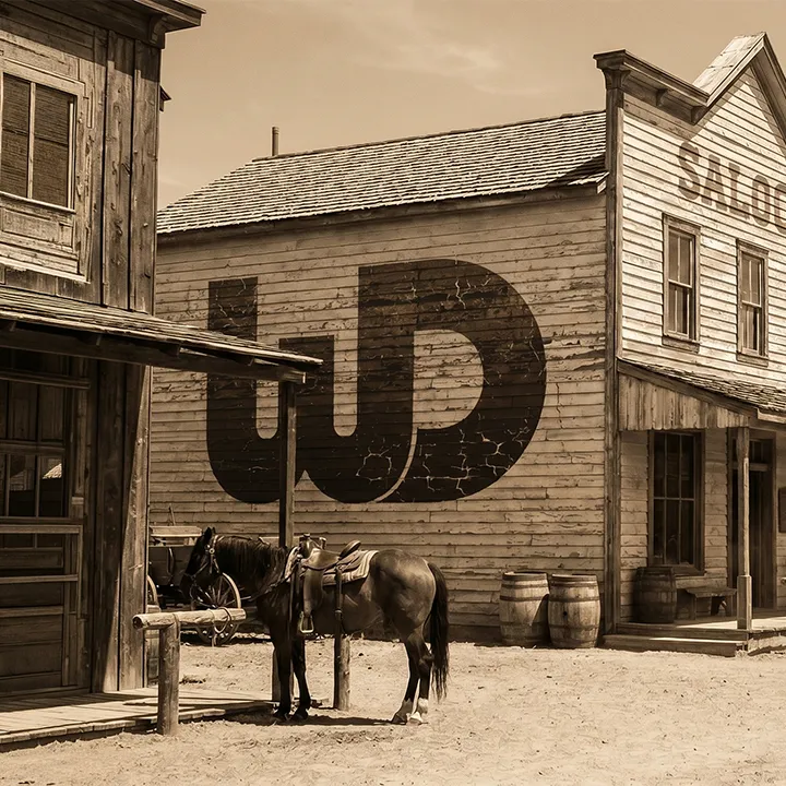 Sepia photo of a Wild West town with a horse tied outside a building painted with a large Womp Designs logo.