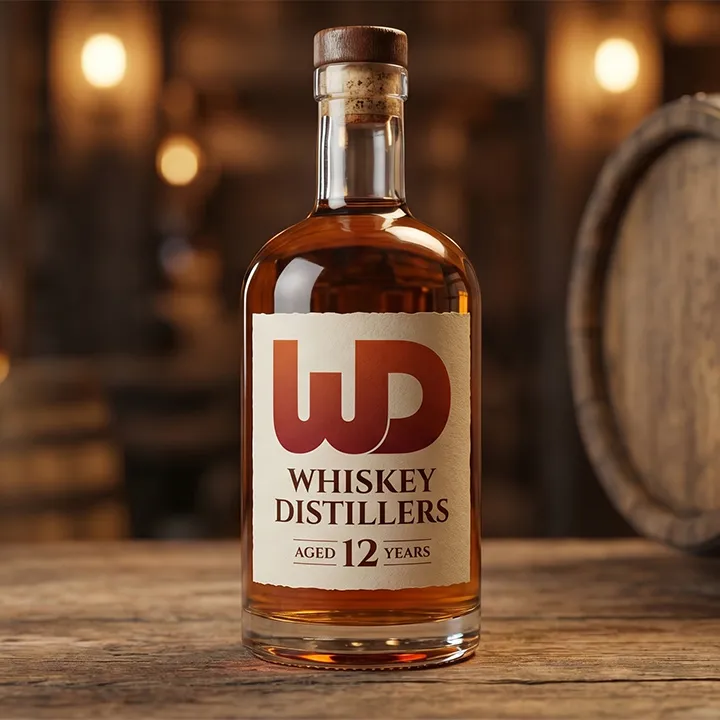 Glass bottle of whiskey on a table with a Womp Designs label.