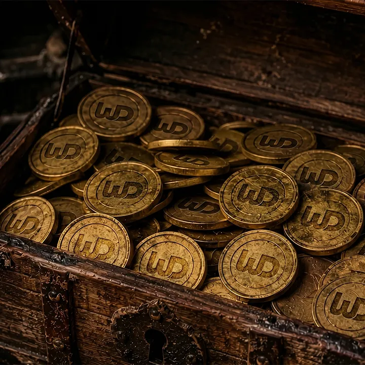 Open wooden treasure chest overflowing with gold coins stamped with a Womp Designs emblem.