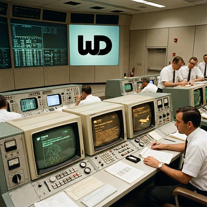 Retro space mission control room with a large black Womp Designs logo on the main screen.