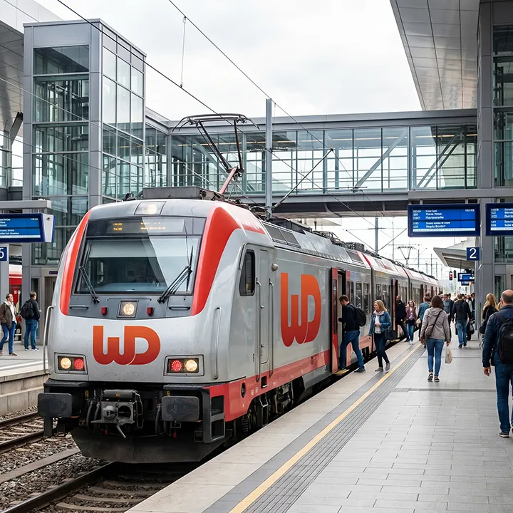 Commuter train at a station platform featuring orange Womp Designs logos on the front and side.
