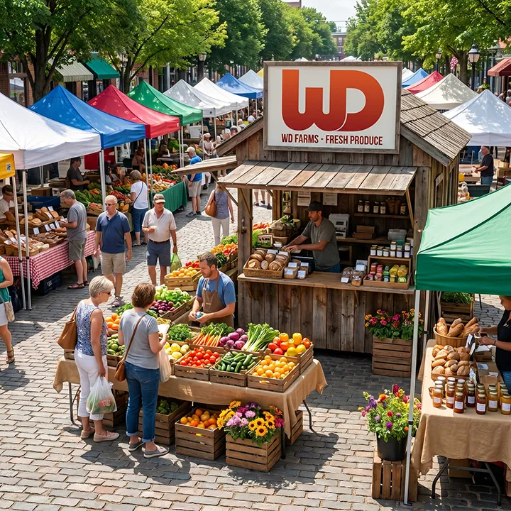 Open-air farmers market centered around a wooden Womp Designs Farms produce stand.