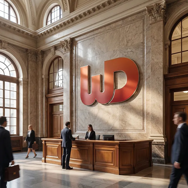 Classical marble building lobby featuring a large orange Womp Designs logo above the reception desk.